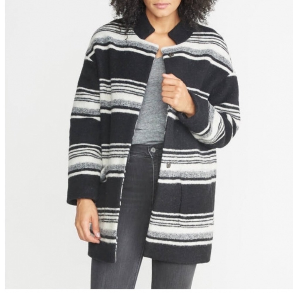 Marine Layer Carey Cocoon Coat XS Striped Wool Blend Overcoat Black White